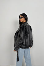 Shoulder-Padded Oversize Black Biker Jacket