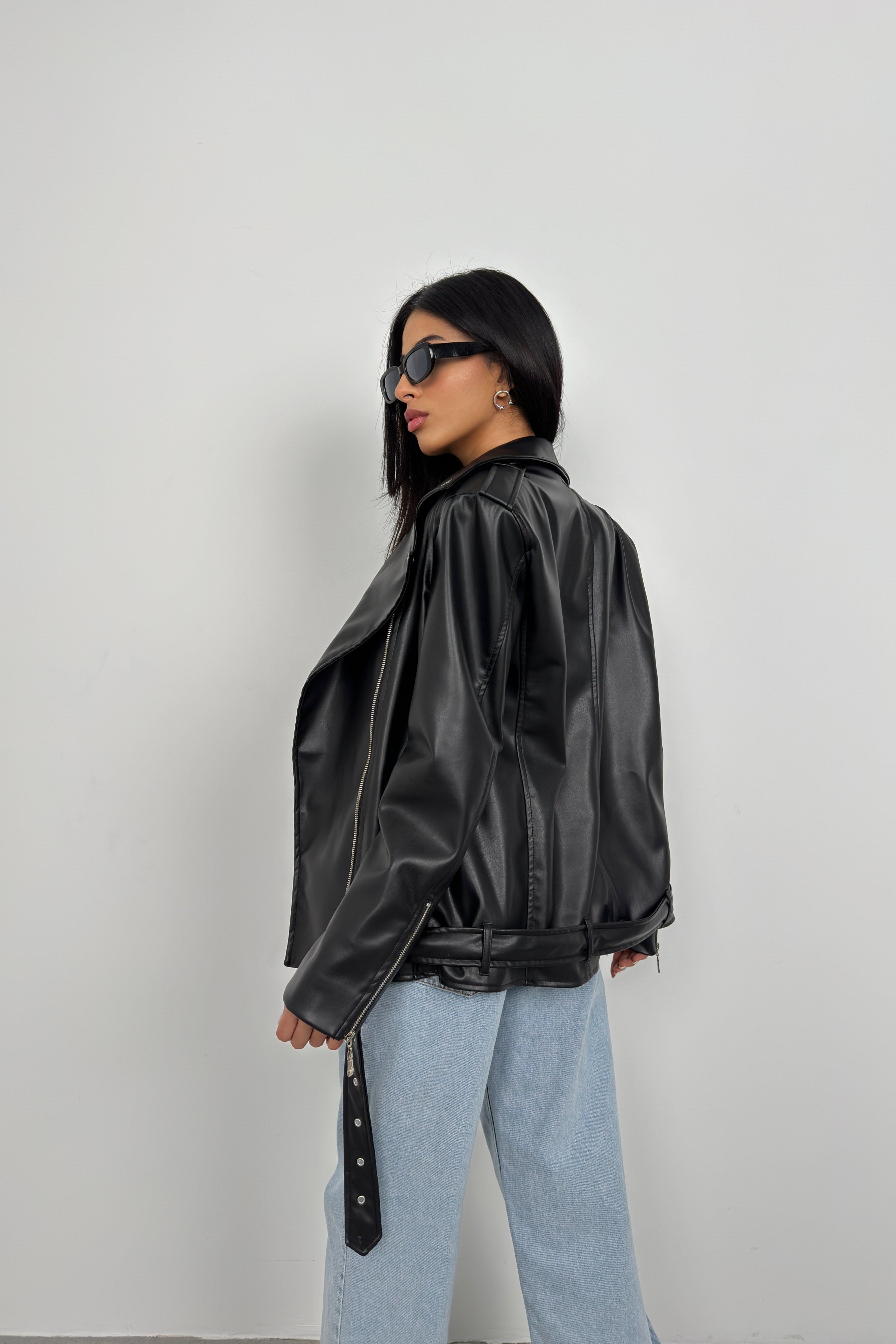 Shoulder-Padded Oversize Black Biker Jacket