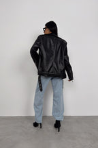 Shoulder-Padded Oversize Black Biker Jacket