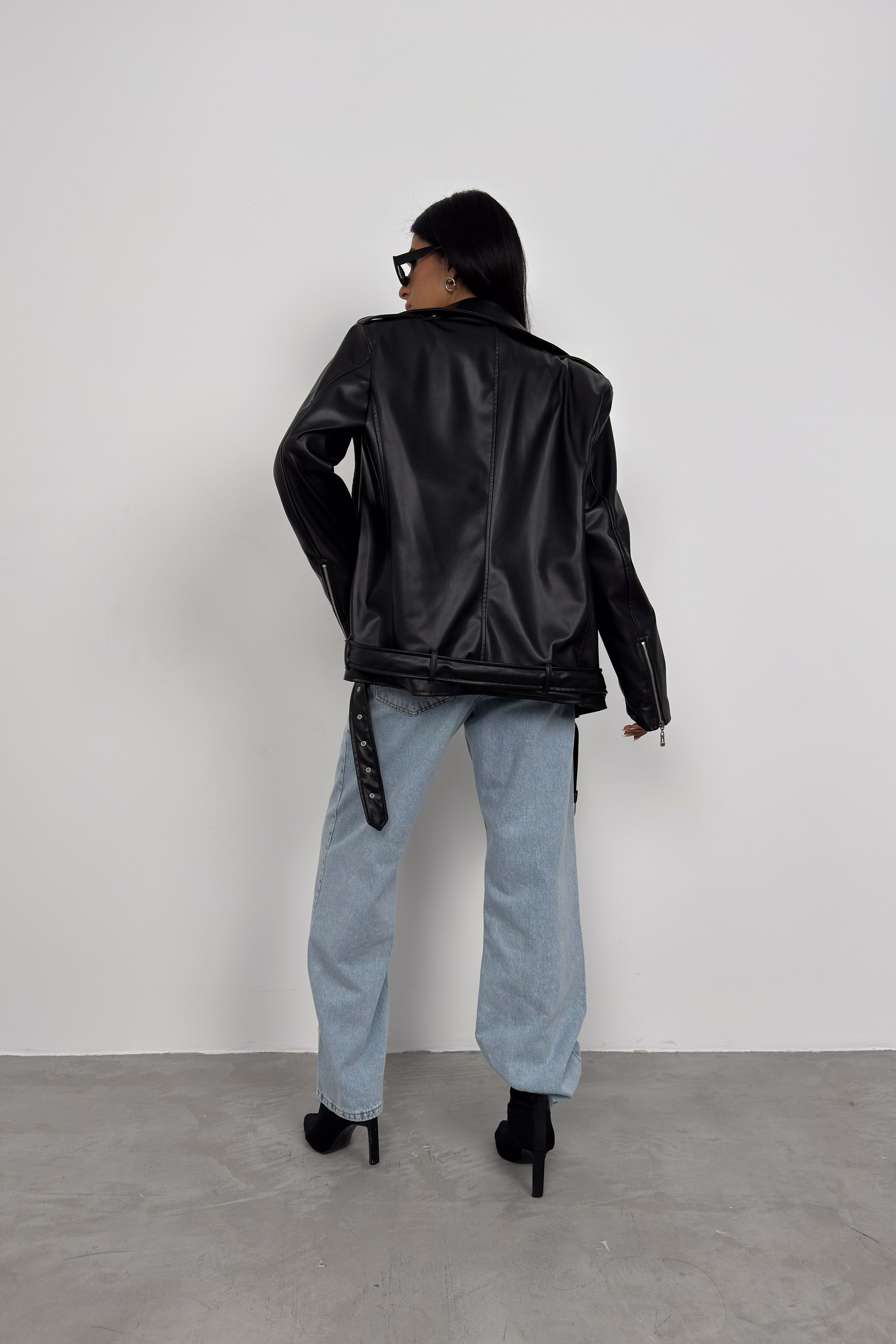 Shoulder-Padded Oversize Black Biker Jacket