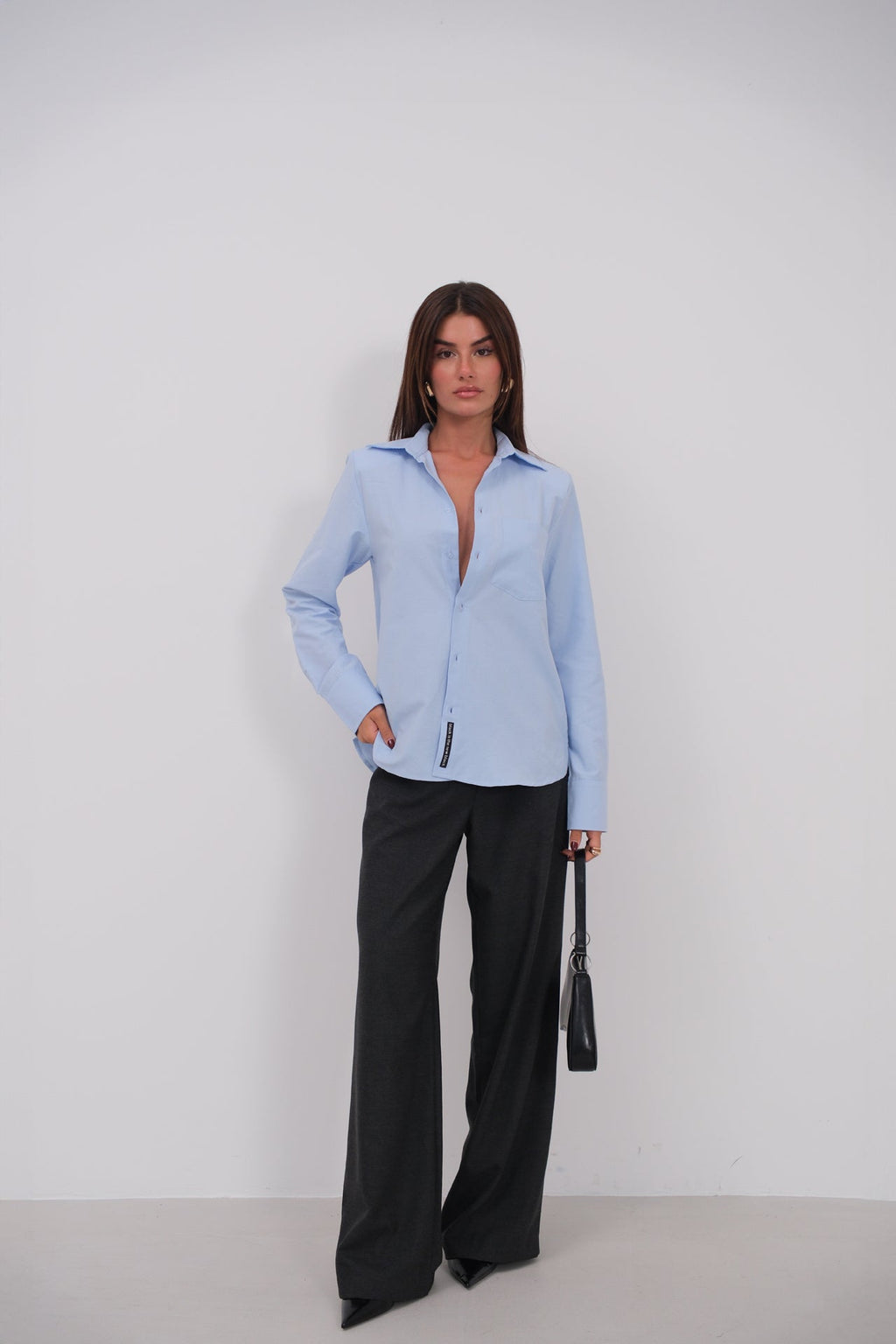 Padded Shoulder Oversize Blue Shirt
