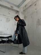 Shoulder Padded Black Leather Trench Coat