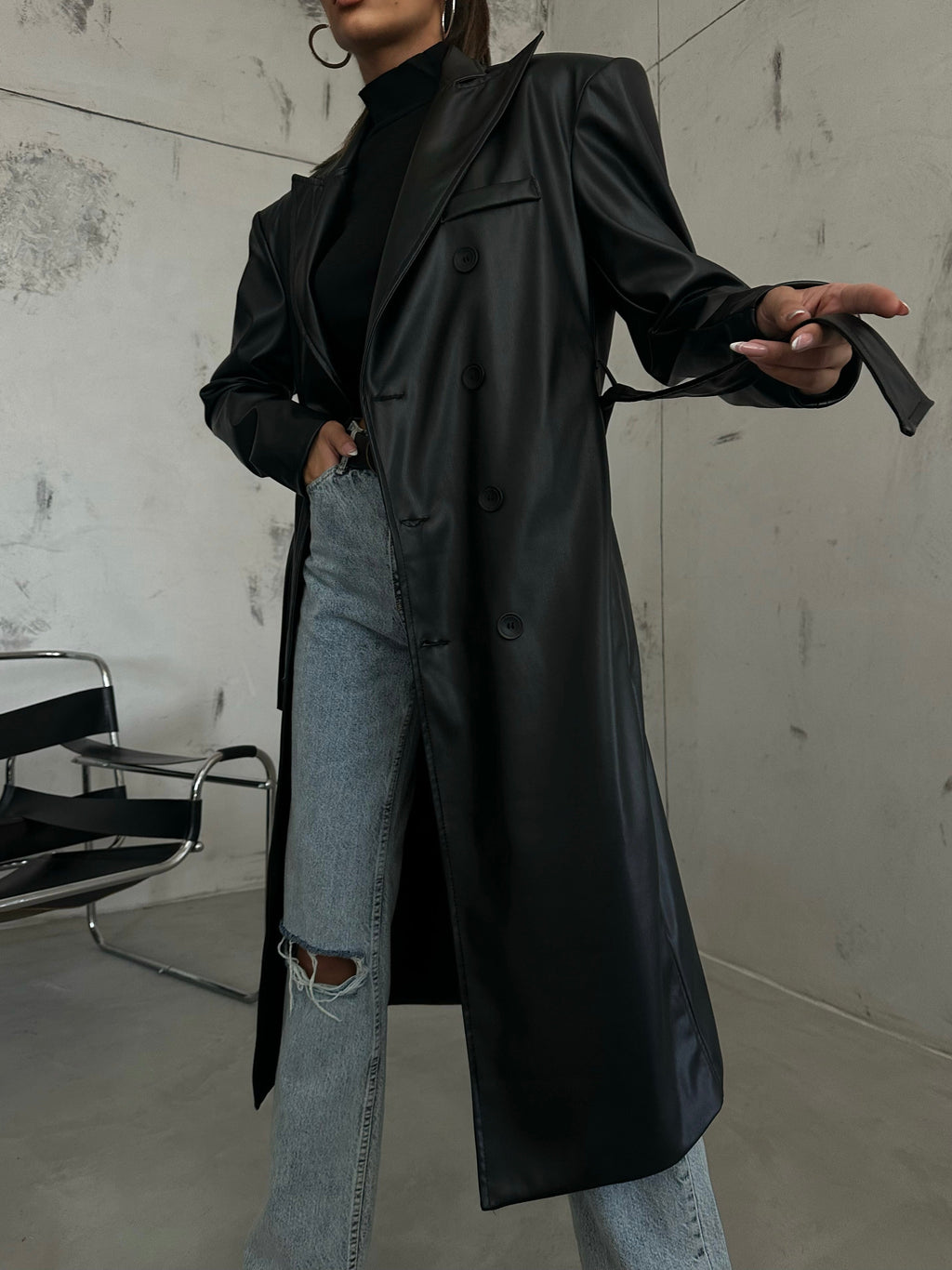 Shoulder Padded Black Leather Trench Coat