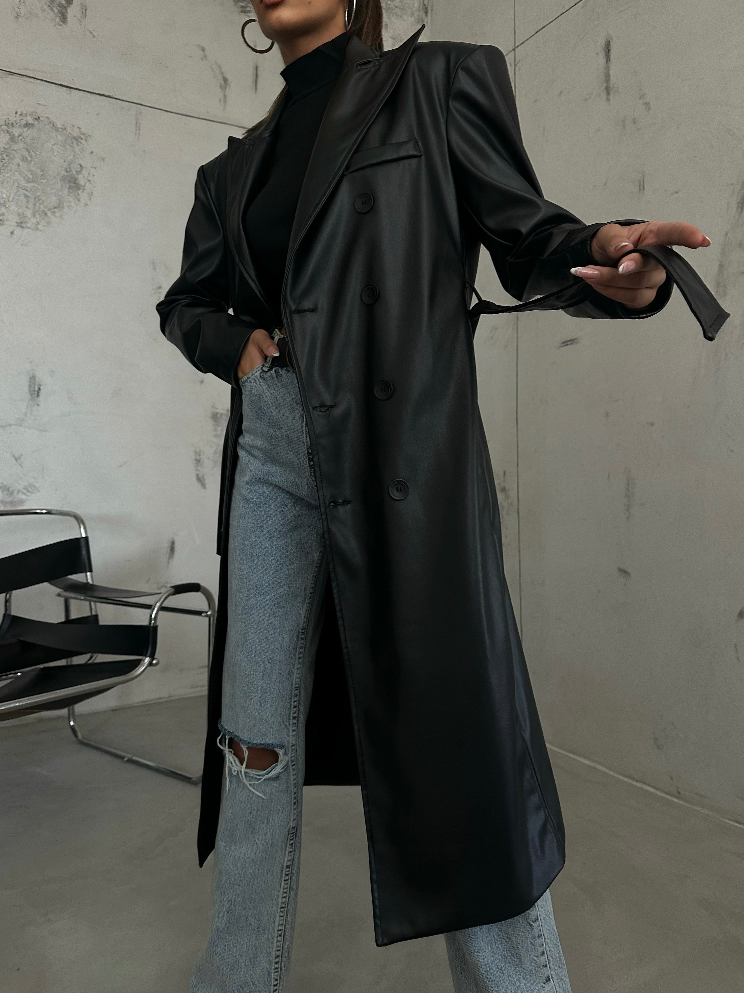 Shoulder Padded Black Leather Trench Coat