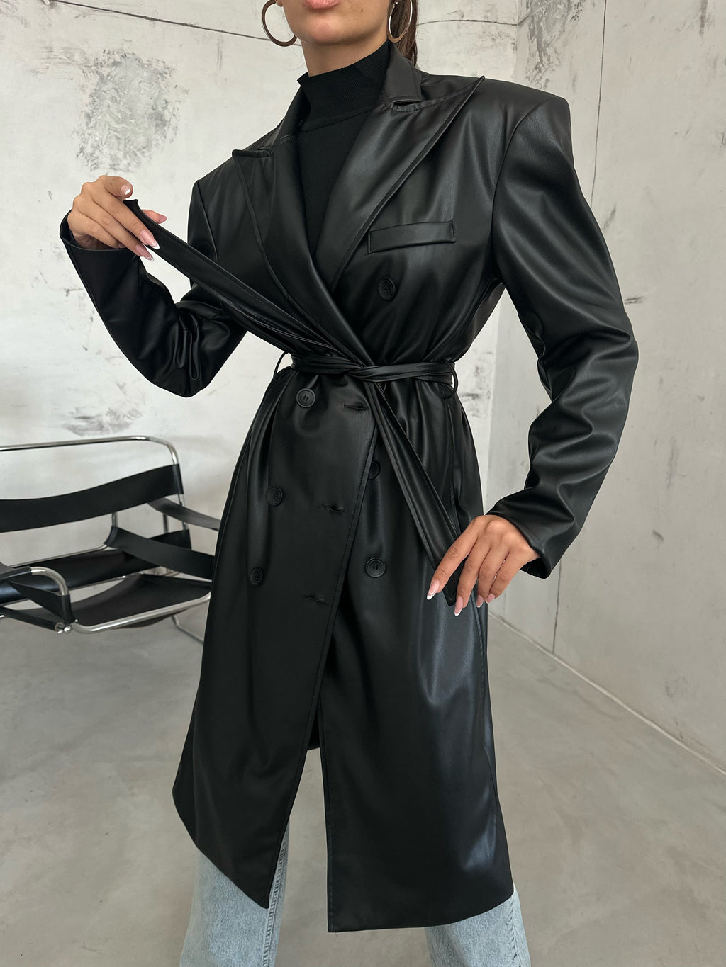 Shoulder Padded Black Leather Trench Coat