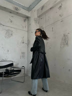 Shoulder Padded Black Leather Trench Coat