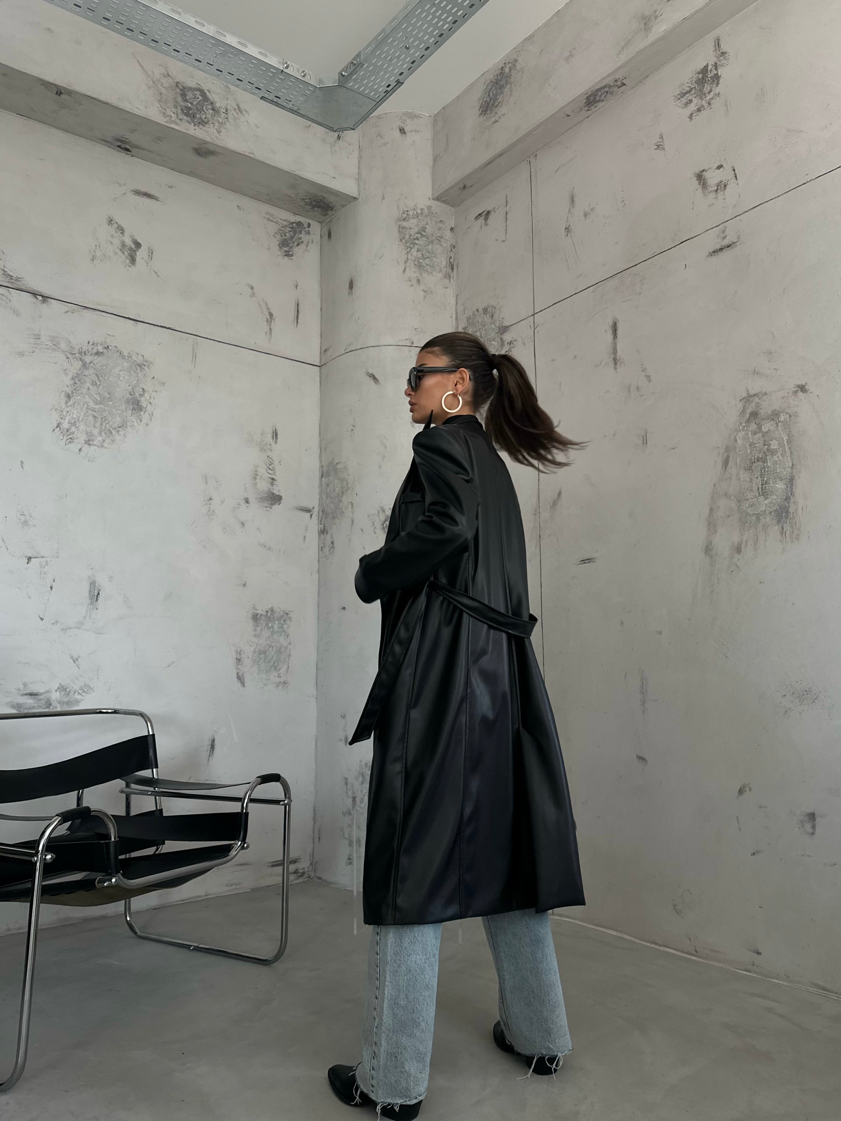 Shoulder Padded Black Leather Trench Coat