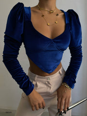 Padded V Neck Saxe Blue Velvet Blouse