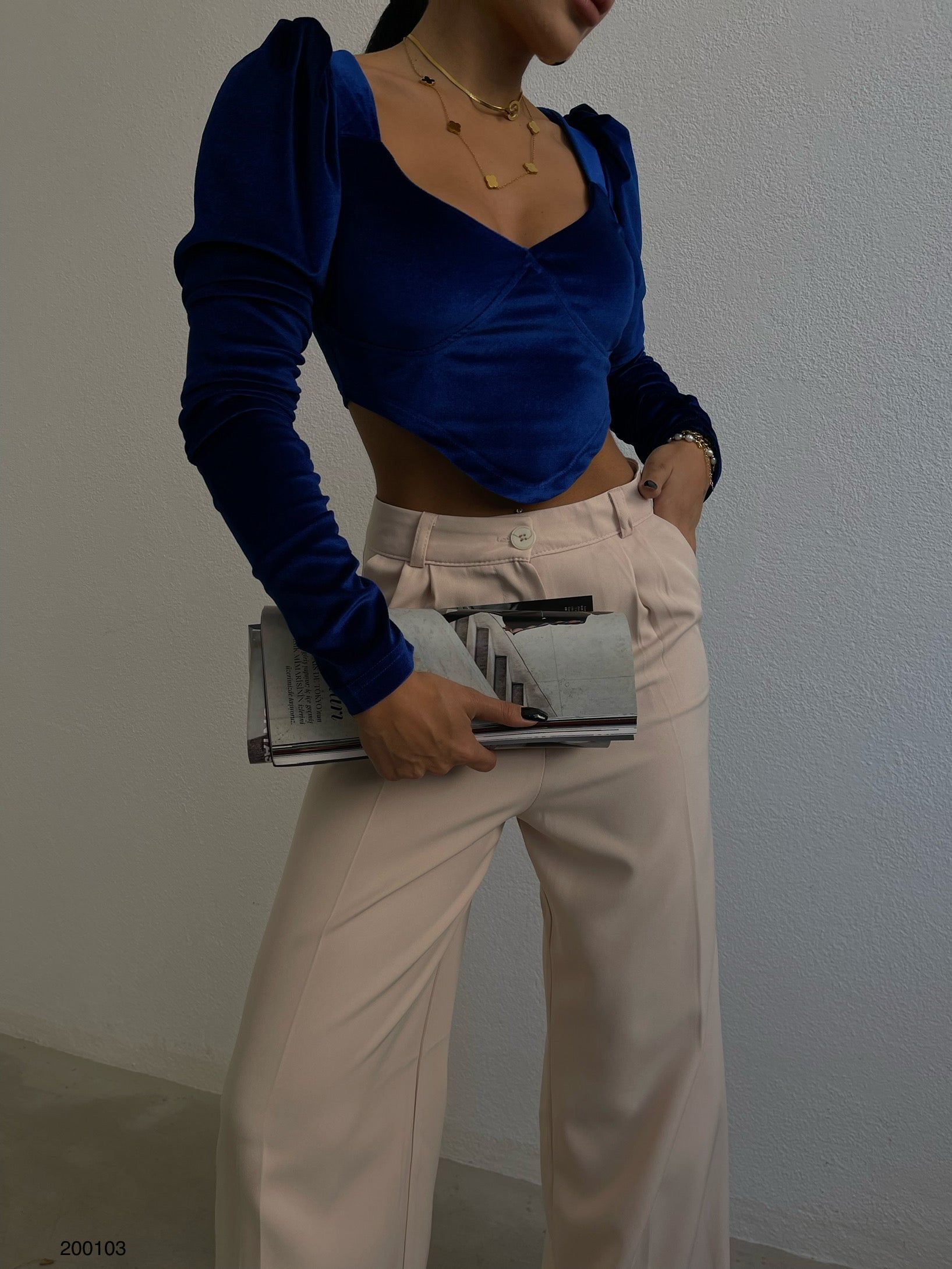 Padded Shoulder V-Neck Sax Blue Velvet Blouse