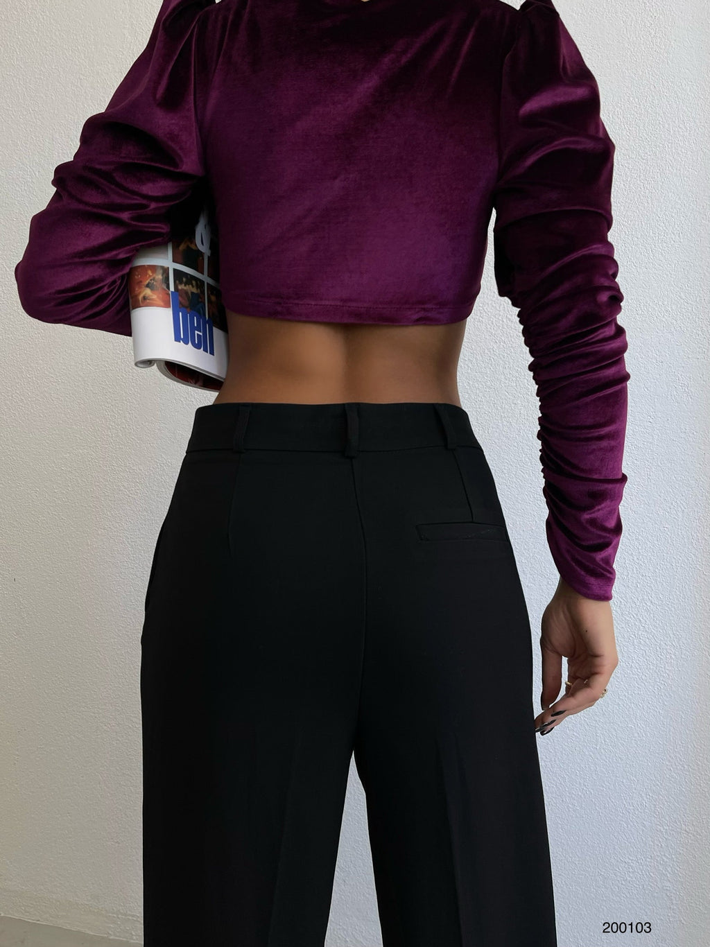 Padded Shoulder V-Neck Plum Velvet Blouse