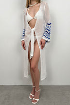 Flounce Sleeve Lace-Up White Knit Pareo