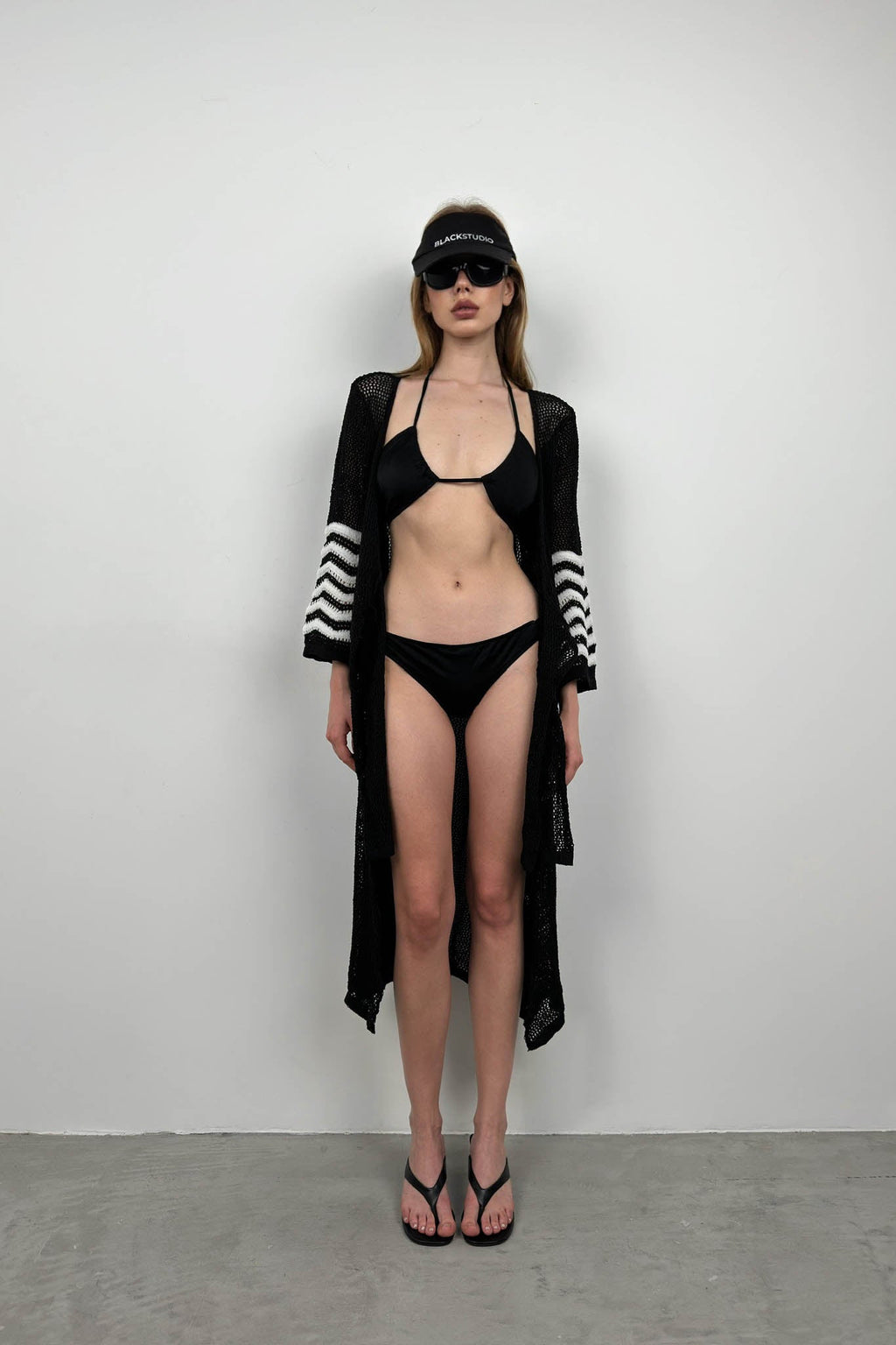 Flounce Sleeve Tie Detail Black Knit Pareo