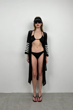 Flounce Sleeve Tie Detail Black Knit Pareo