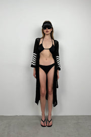 Flounce Sleeve Laced Black Knit Pareo