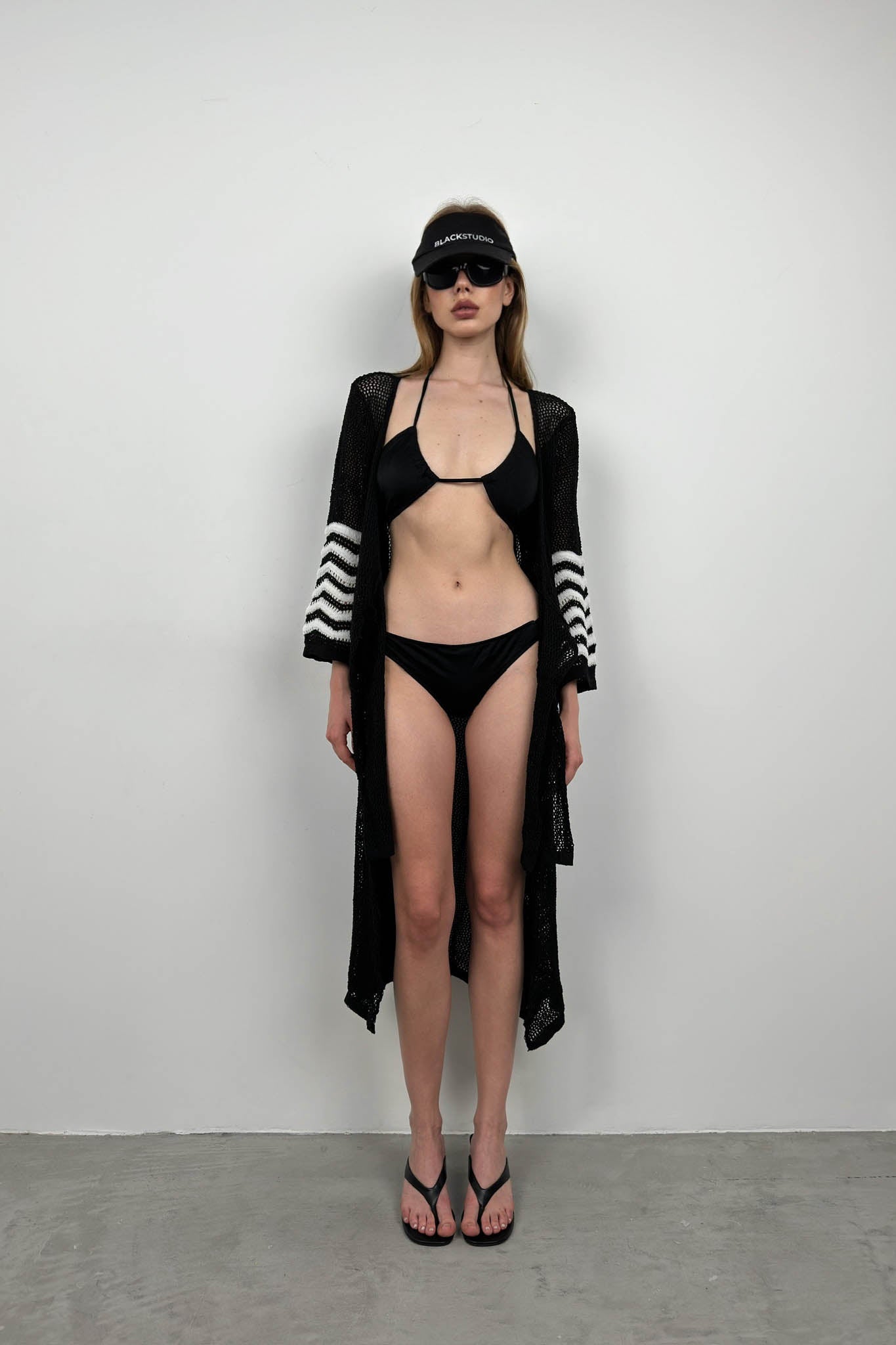 Flounce Sleeve Tie Detail Black Knit Pareo