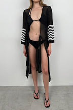 Flounce Sleeve Tie Detail Black Knit Pareo