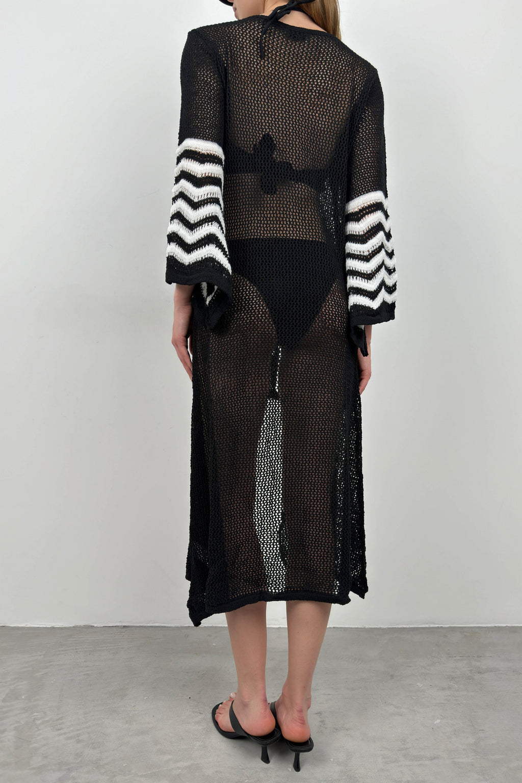 Flounce Sleeve Tie Detail Black Knit Pareo
