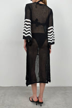 Flounce Sleeve Tie Detail Black Knit Pareo
