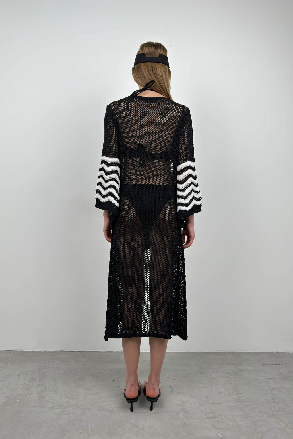 Flounce Sleeve Tie Detail Black Knit Pareo