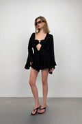 Flounce Sleeve Lace-Up Black Kimono