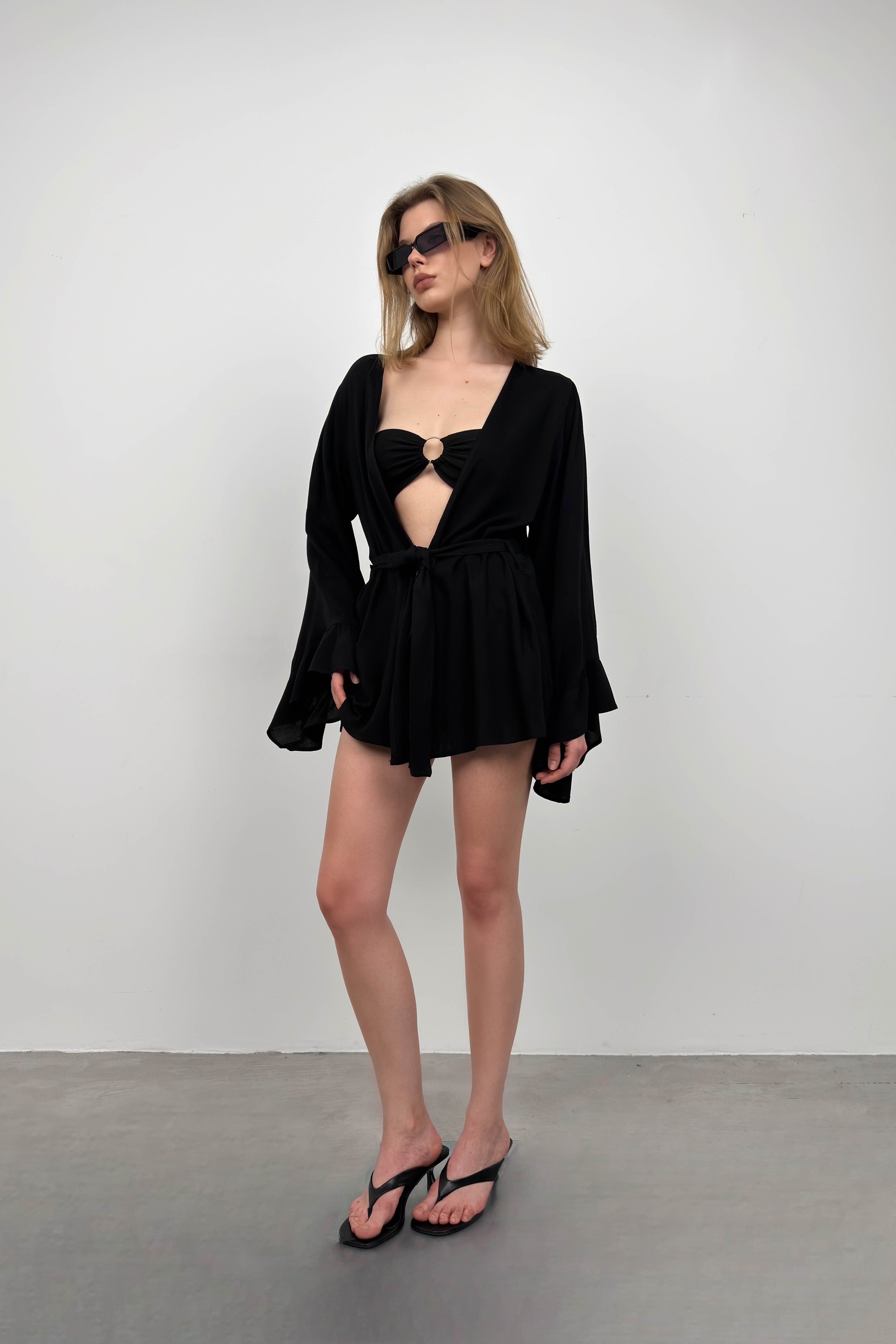 Flounce Sleeve Lace-Up Black Kimono