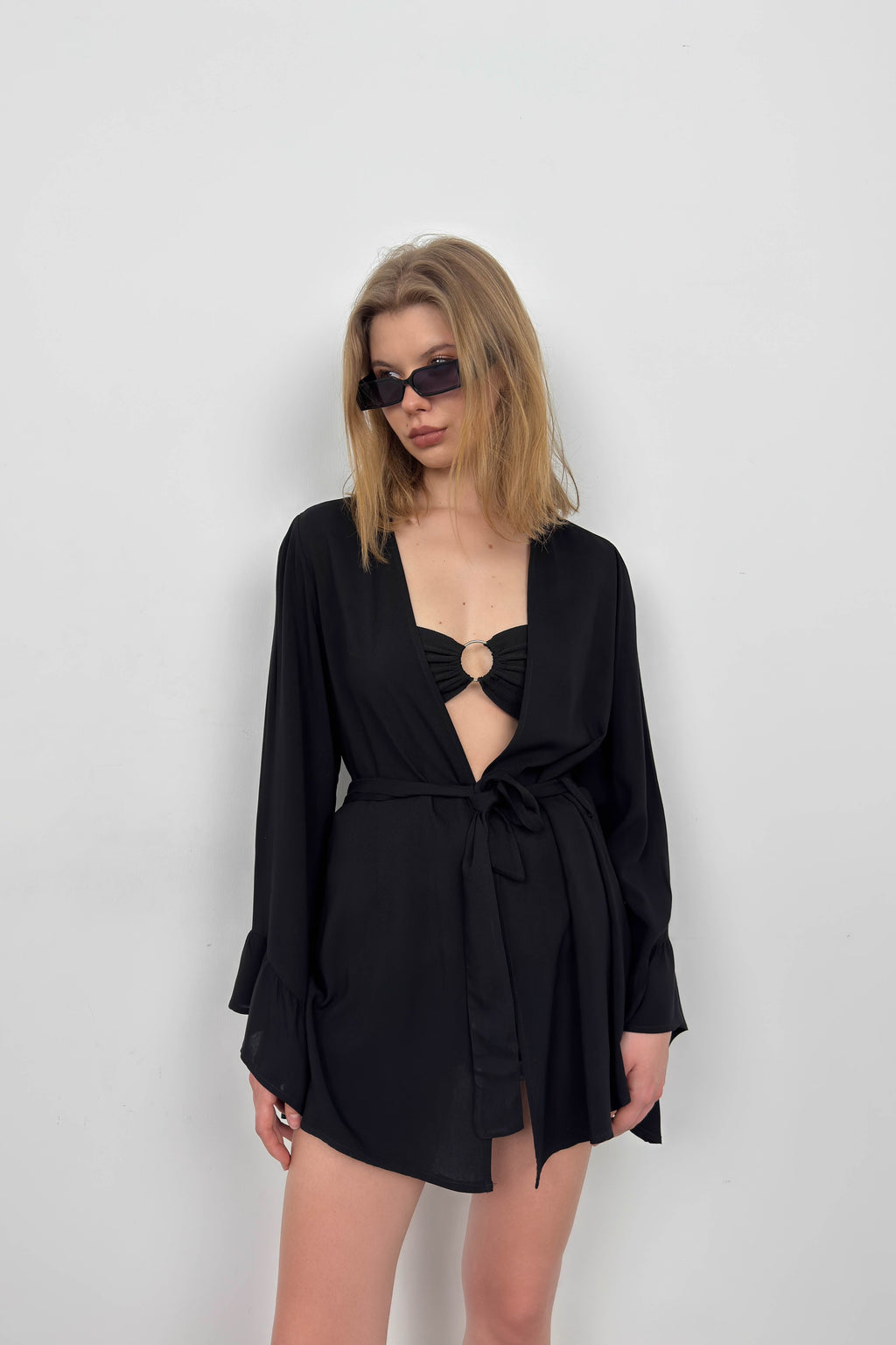 Flounce Sleeve Lace-Up Black Kimono