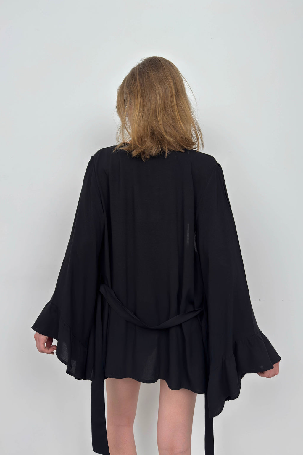 Flounce Sleeve Lace-Up Black Kimono