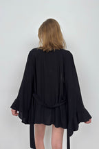 Flounce Sleeve Lace-Up Black Kimono