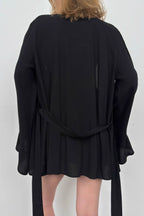 Flounce Sleeve Lace-Up Black Kimono