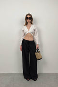 Ruffled Sleeve Tie Detail White Blouse