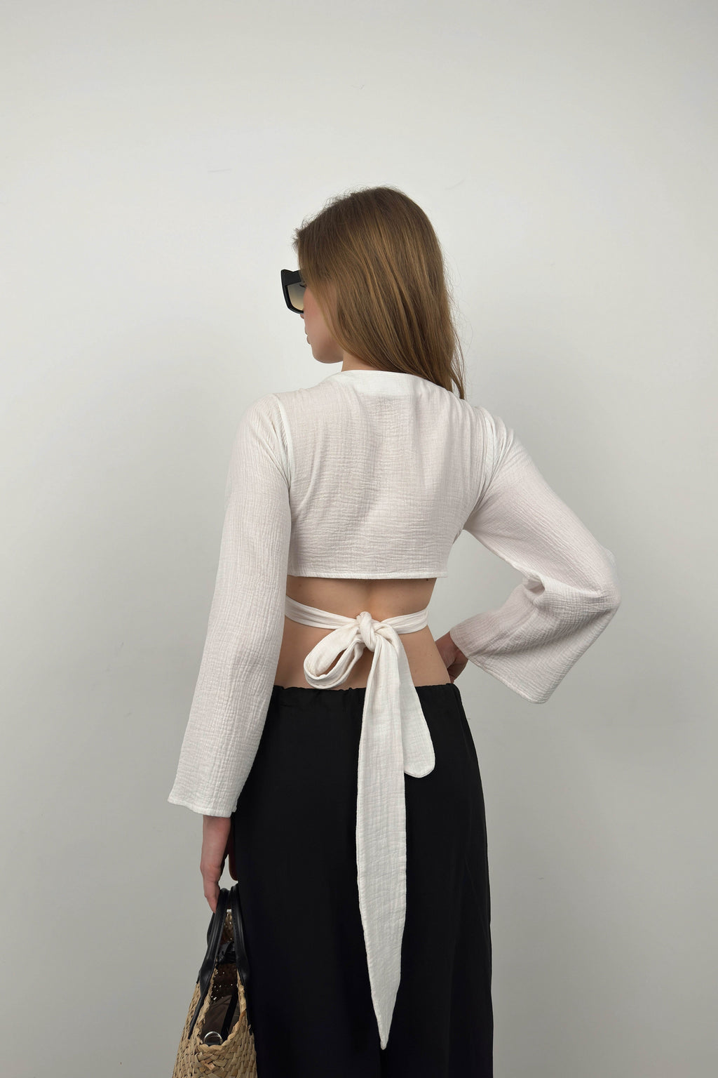 Ruffled Sleeve Tie Detail White Blouse