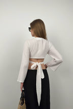 Ruffled Sleeve Tie Detail White Blouse