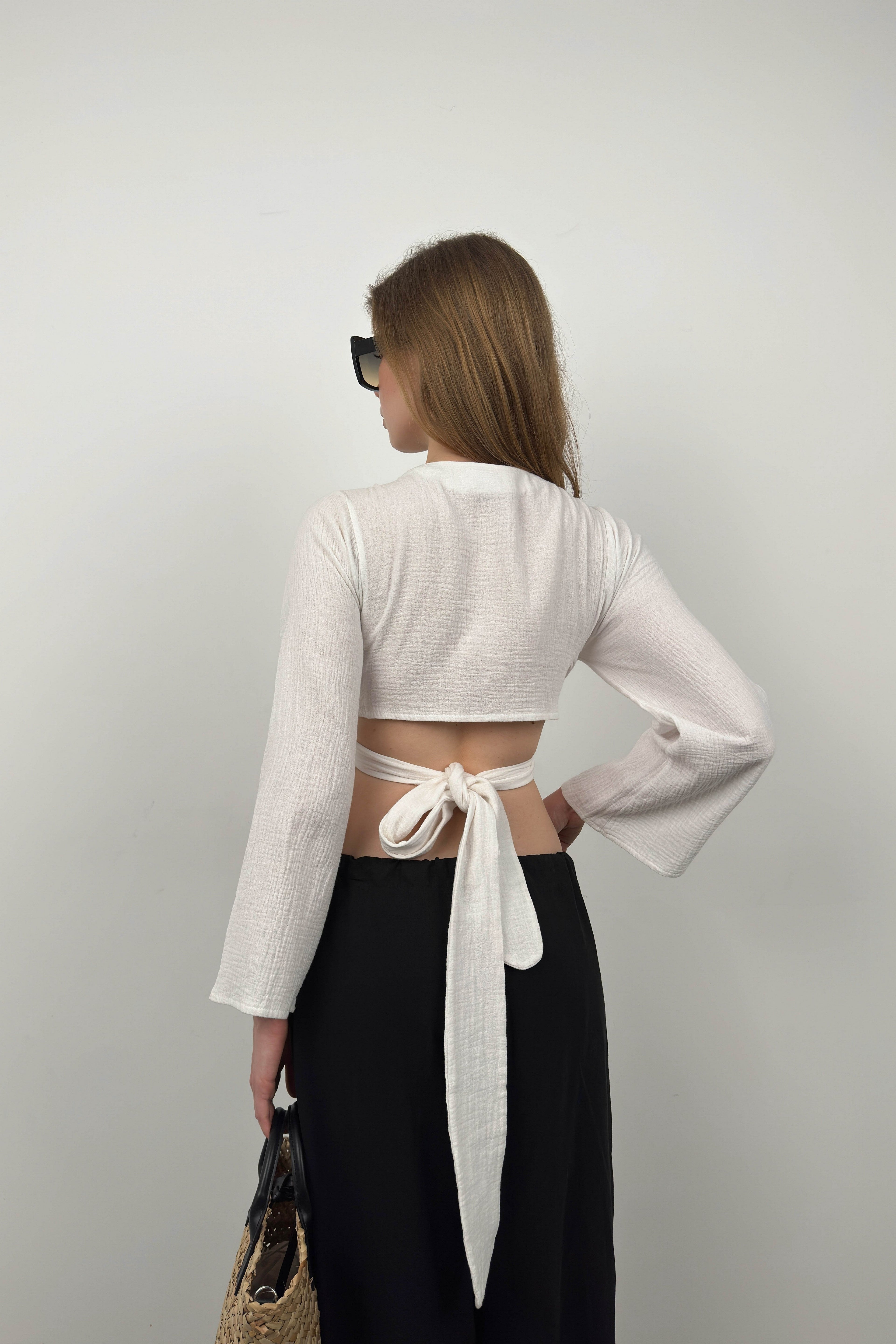 Ruffled Sleeve Tie Detail White Blouse