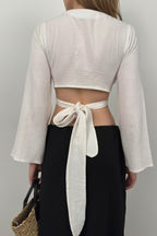 Ruffled Sleeve Tie Detail White Blouse