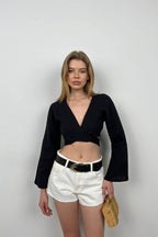 Flounce Sleeve Tie Detail Black Blouse