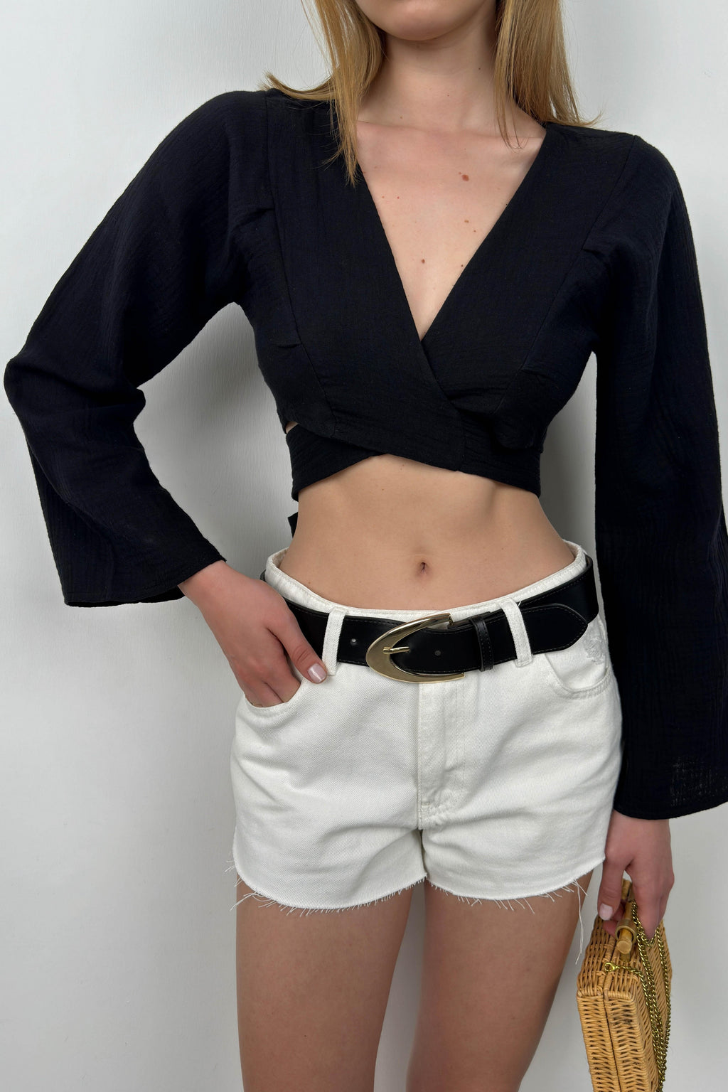 Flounce Sleeve Tie Detail Black Blouse