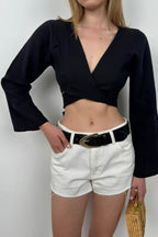 Flounce Sleeve Tie Detail Black Blouse
