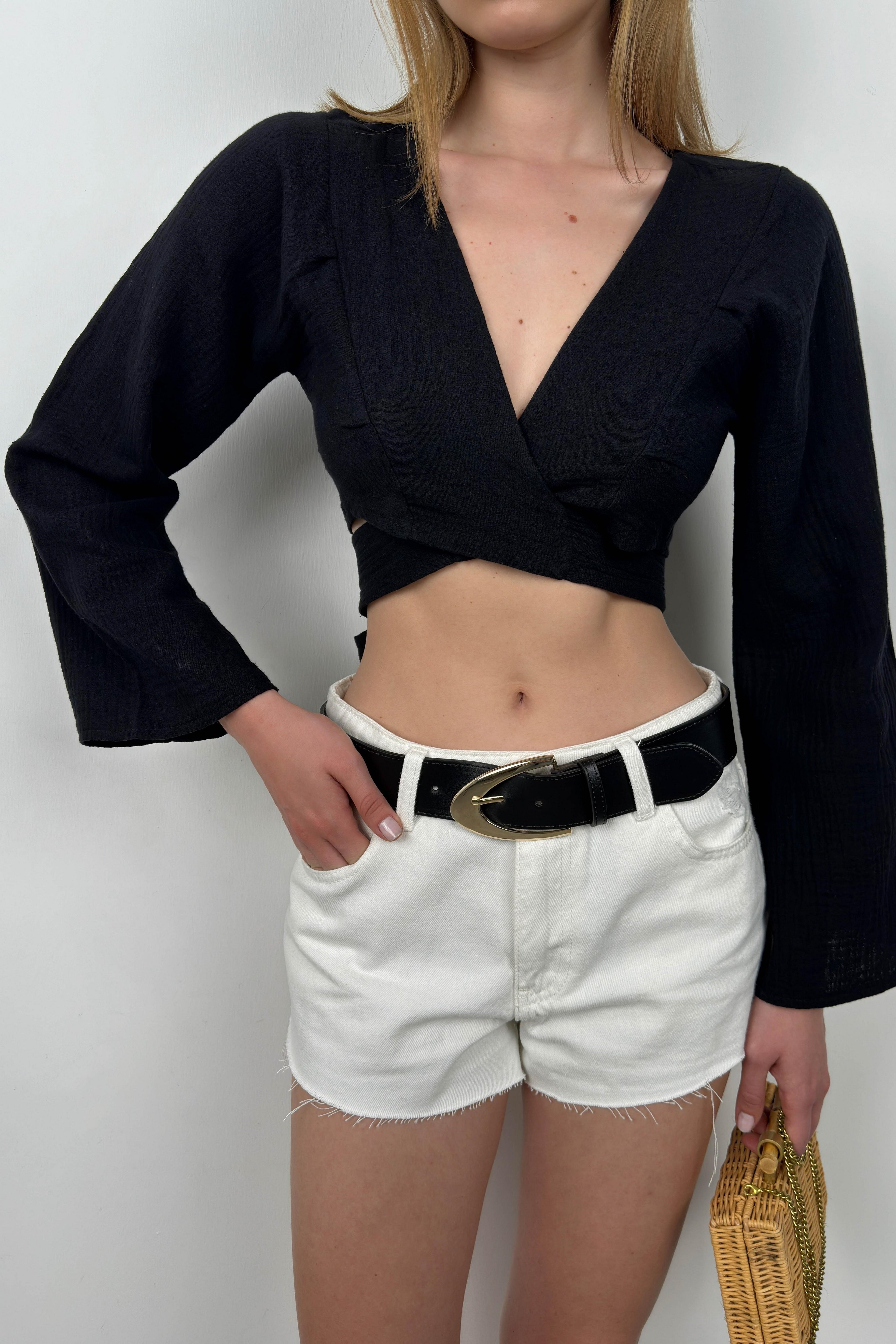 Flounce Sleeve Tie Detail Black Blouse