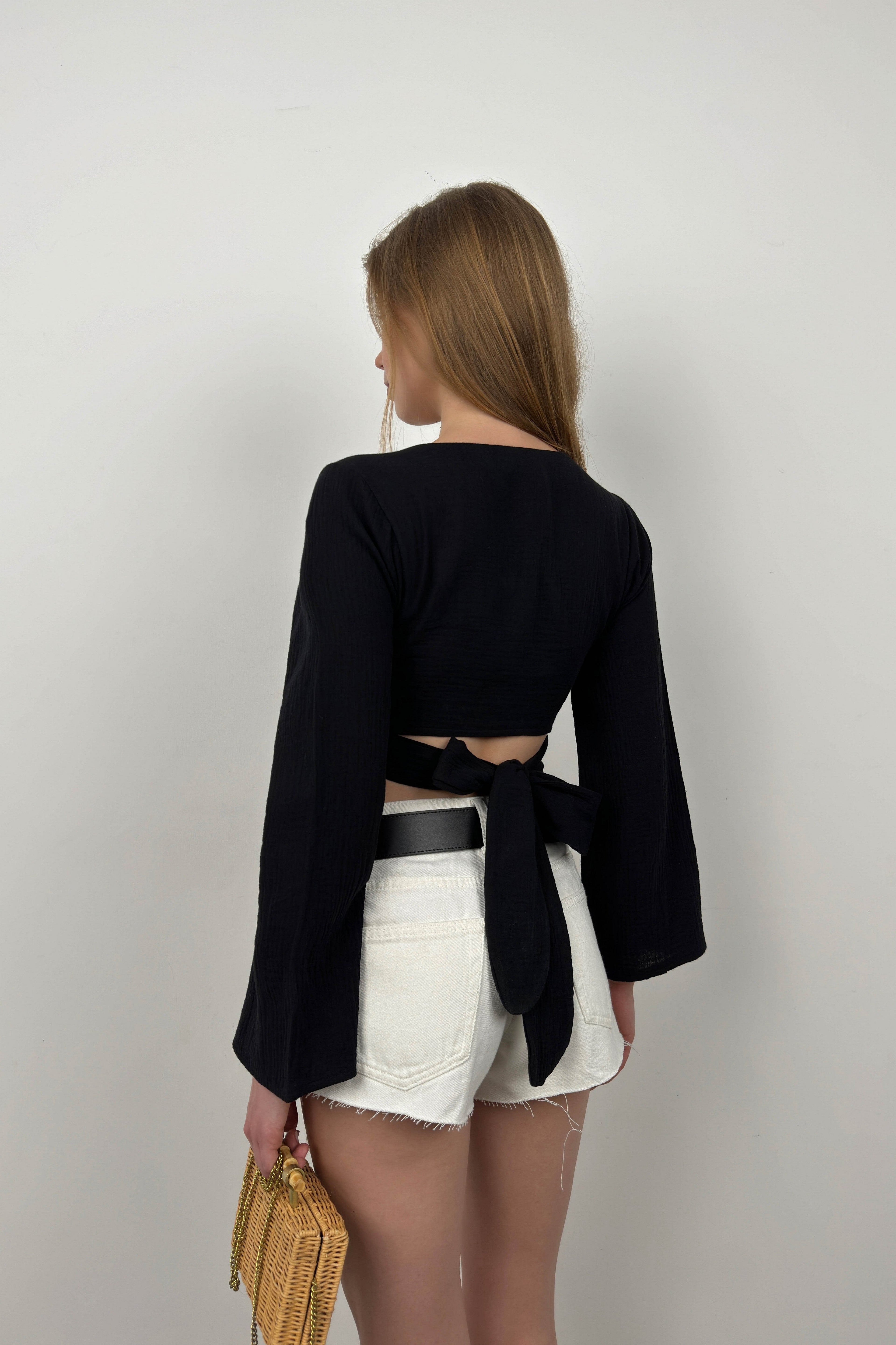 Flounce Sleeve Tie Detail Black Blouse