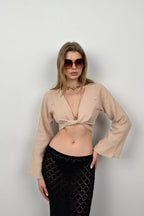 Ruffle Sleeve Tie Beige Blouse