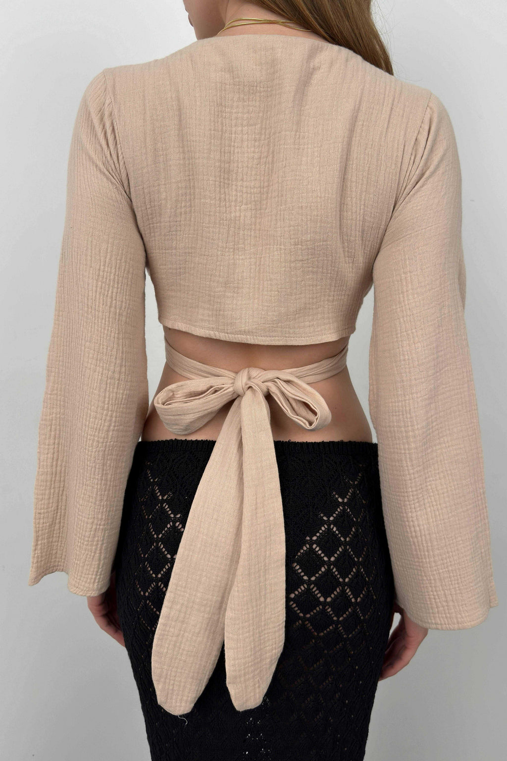 Ruffle Sleeve Tie Beige Blouse
