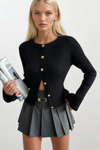 Flounce Sleeve Gold Buttoned Black Crew Neck Blouse