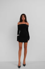 Flounce Sleeve Black Straplez Mini Dress