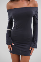 Flounce Sleeve Gray Straplez Mini Dress