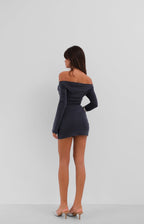 Flounce Sleeve Gray Straplez Mini Dress
