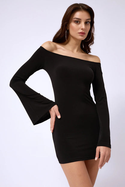 Flounce Detail Strapless Mini Black Dress