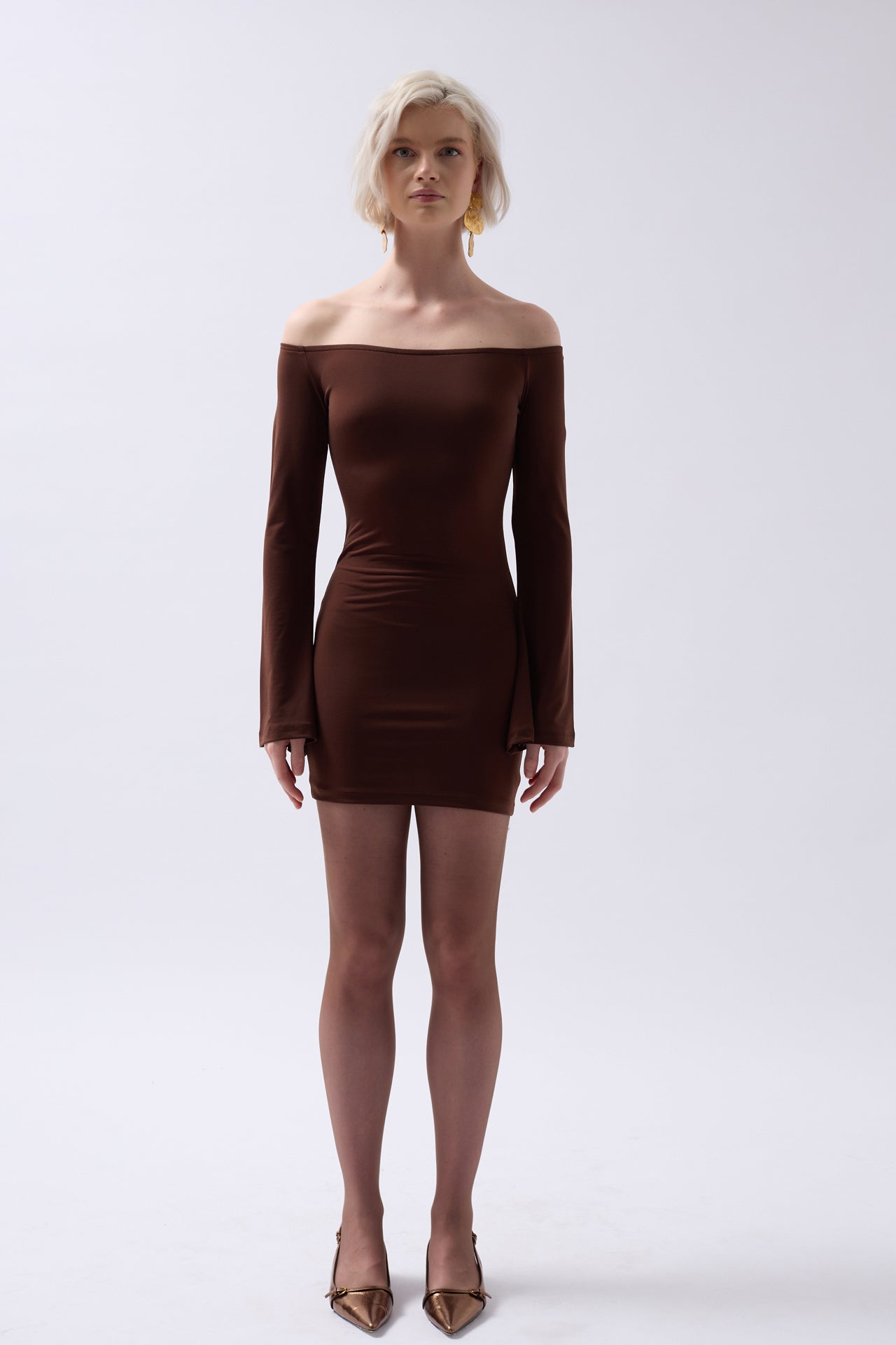 Flounce Detail Strapless Mini Brown Dress
