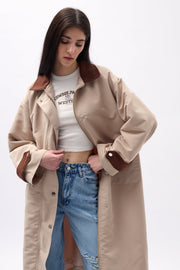 Oversized Beige Trench Coat with Collar Detail