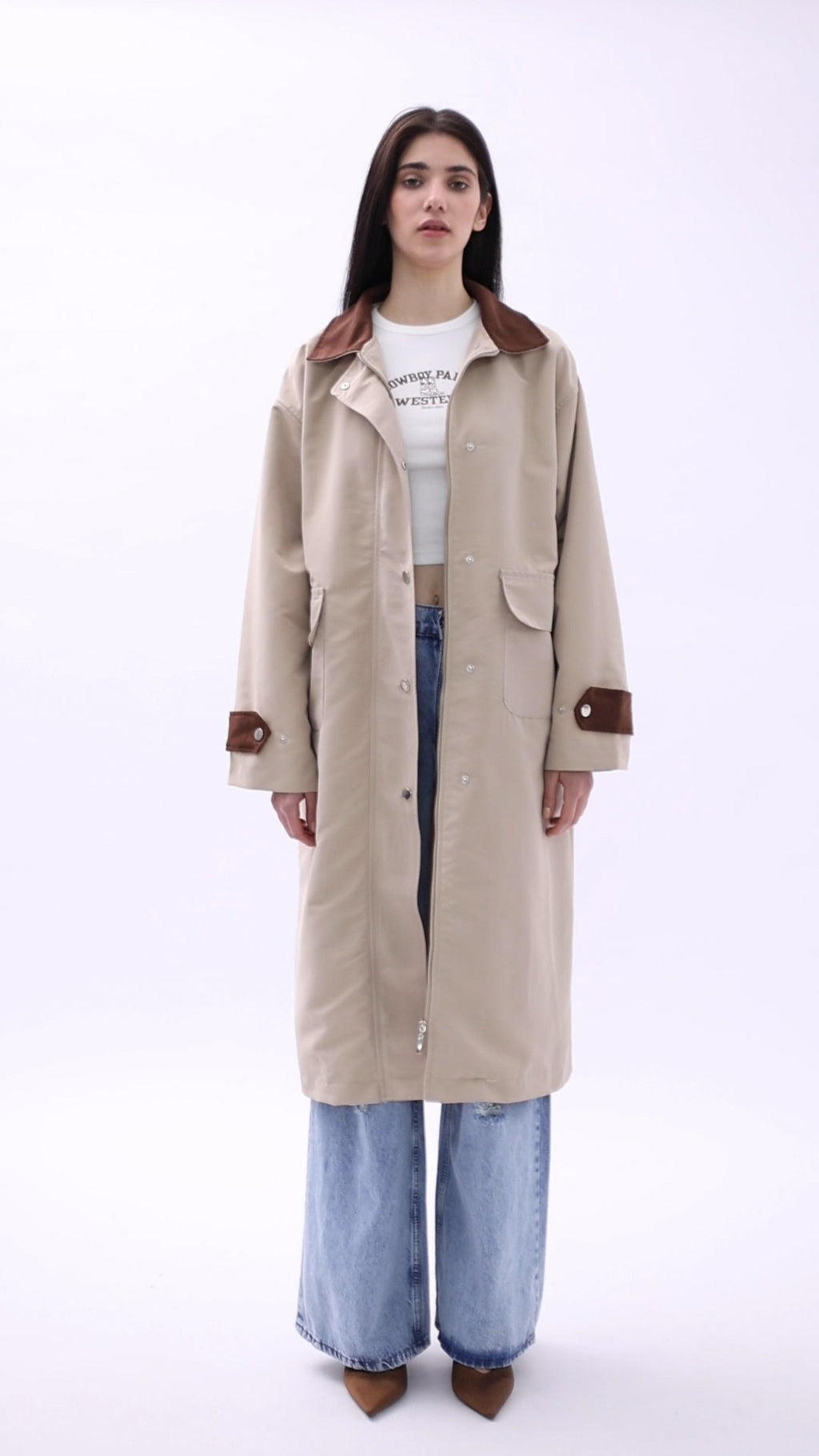 Collar Detail Oversize Beige Trench Coat