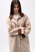 Collar Detail Oversize Beige Trench Coat